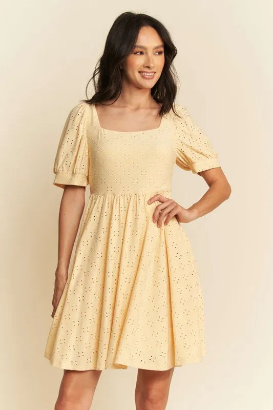 Davi & Dani Eyelet Baby Doll Romantic Square Neck Dress - Brittney MADE