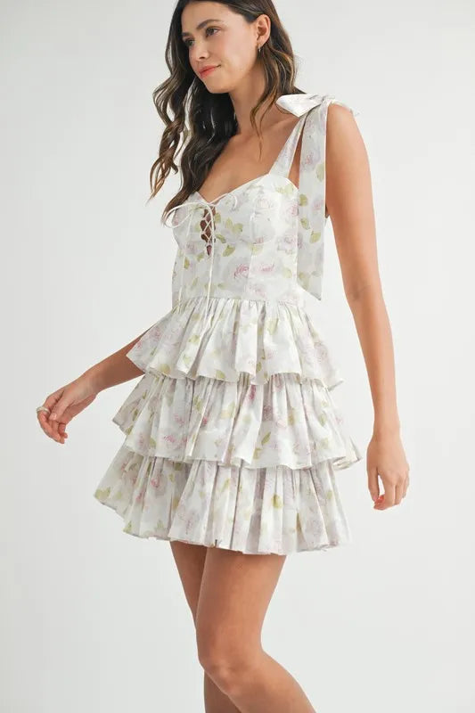 MABLE Floral Print Shoulder Tie Layered Mini Dress - Brittney MADE