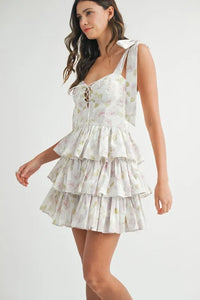 MABLE Floral Print Shoulder Tie Layered Mini Dress - Brittney MADE