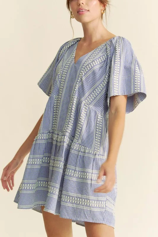 Davi & Dani Embroidered Stripe Ruffled Gingham Mini Dress - Brittney MADE