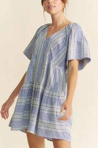 Davi & Dani Embroidered Stripe Ruffled Gingham Mini Dress - Brittney MADE