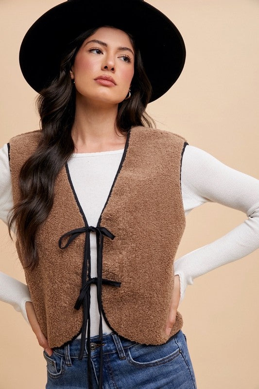 Annie Wear V-Neck Tie Detail Vest Coat - Brittney MADE