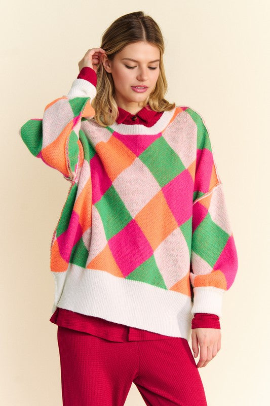 Davi & Dani Exposed Seam Color Block Dropped Shoulder Sweater - Brittney MADE