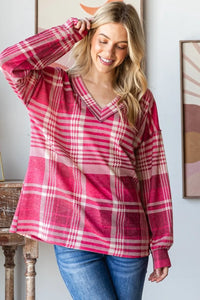 Heimish Plaid Drop Shoulder V-Neck T-Shirt - Brittney MADE