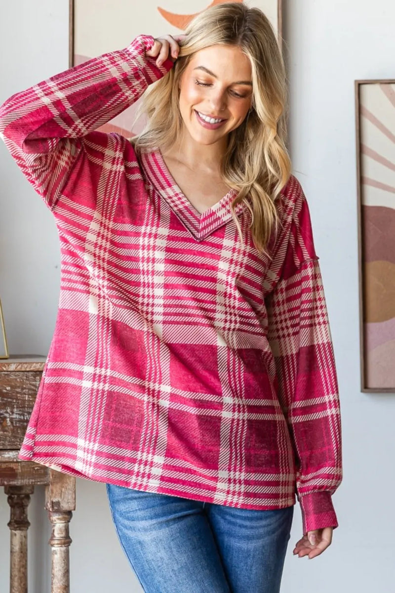 Heimish Plaid Drop Shoulder V-Neck T-Shirt - Brittney MADE