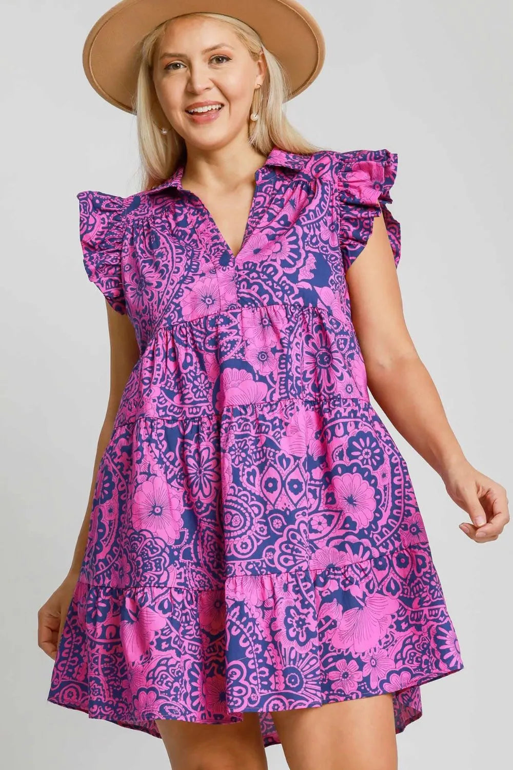Umgee Full Size Printed Ruffle Cap Sleeve Babydoll Dress Plus Size - Brittney MADE