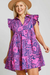 Umgee Full Size Printed Ruffle Cap Sleeve Babydoll Dress Plus Size - Brittney MADE