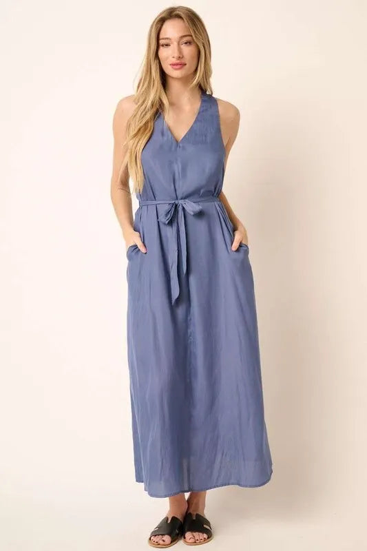 Mittoshop Cross Back Belted V Neck Tank Maxi Dress - Brittney MADE