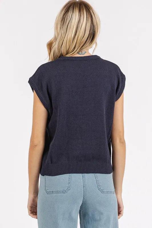 Mittoshop Contrast Letter Round Neck Cap Sleeve Knit Top - Brittney MADE