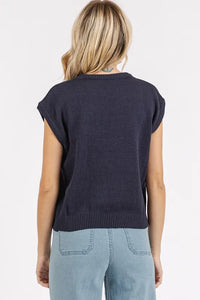 Mittoshop Contrast Letter Round Neck Cap Sleeve Knit Top - Brittney MADE