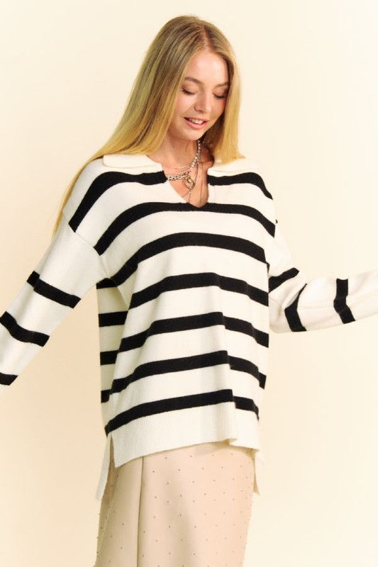 Davi & Dani High-Low Side Slit Striped Johnny Collar Sweater - Brittney MADE