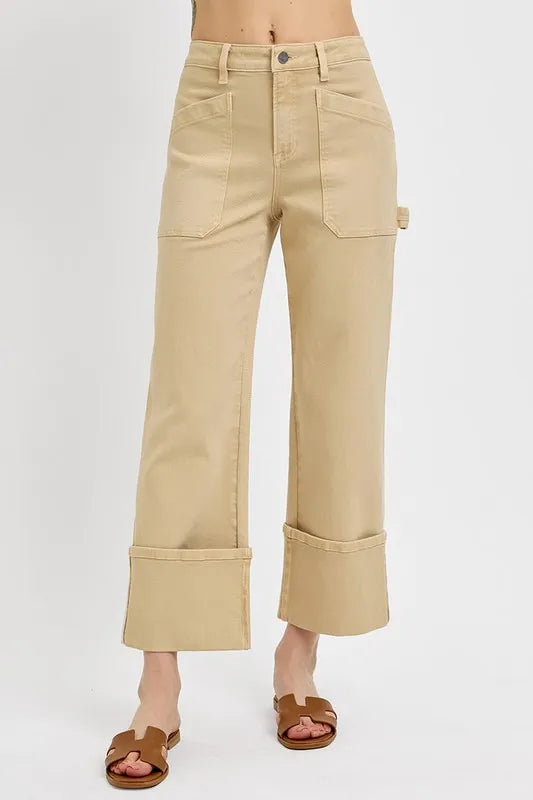 RISEN Full Size High Rise Wide Straight Cuffed Patch Jeans Plus Size - Brittney MADE