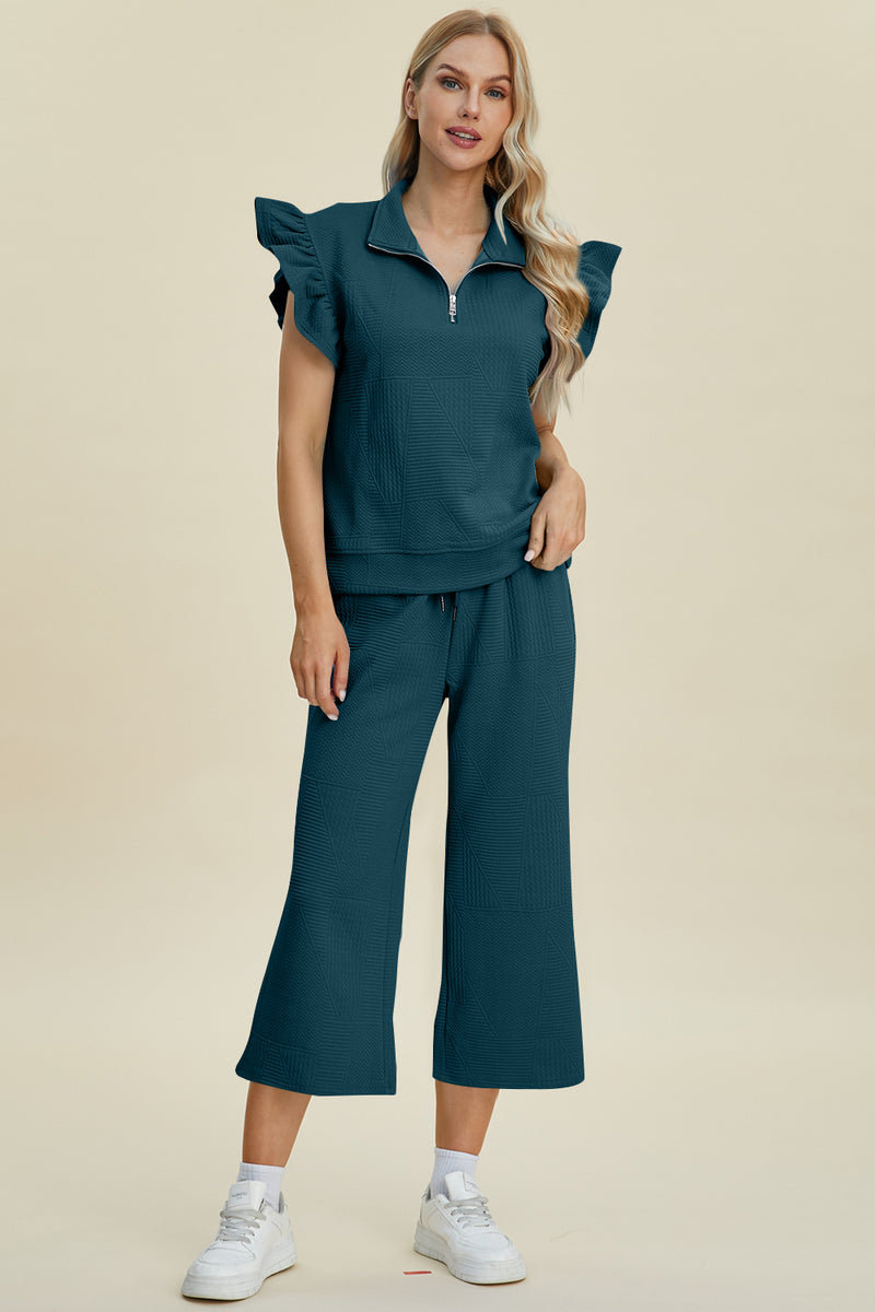 Double Take Full Size Texture Ruffle Short Sleeve Top and Wide Leg Pants Set - Brittney MADE