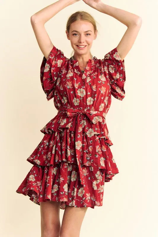 Davi & Dani Ruffle Flutter Sleeve Tie Belt Tiered Mini Dress - Brittney MADE