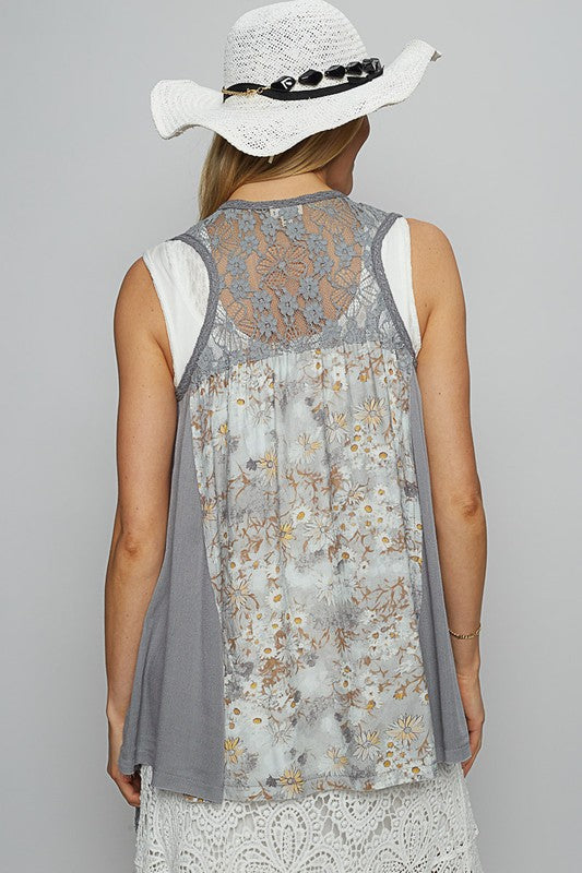 POL Lace Patchwork Floral Open Front Sleeveless Cardigan - Brittney MADE