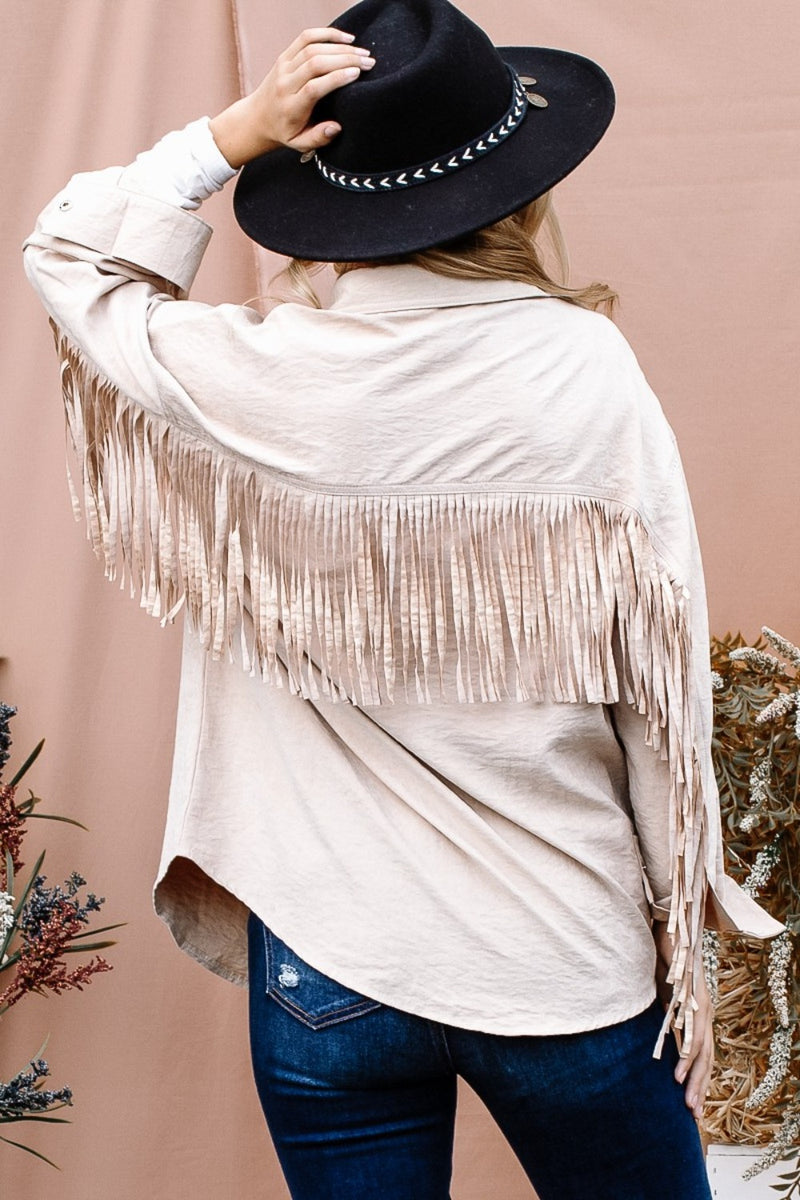 And The Why Full Size Fringe Back Detailed Button Down Shacket - Brittney MADE