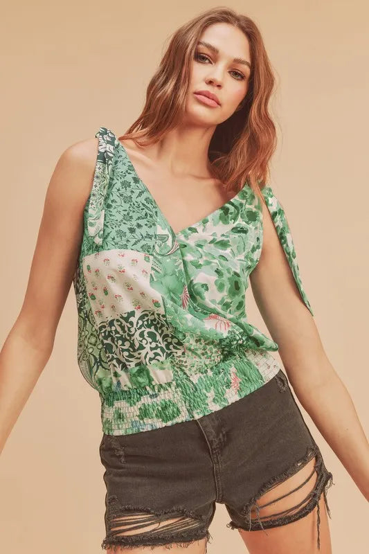 Aemi + Co Smocked Hem Printed Surplice Tank - Brittney MADE