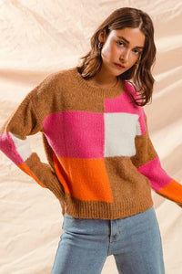 SO ME Multi Color Block Checkered Sweater Top - Brittney MADE