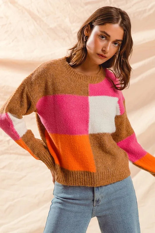 SO ME Multi Color Block Checkered Sweater Top - Brittney MADE