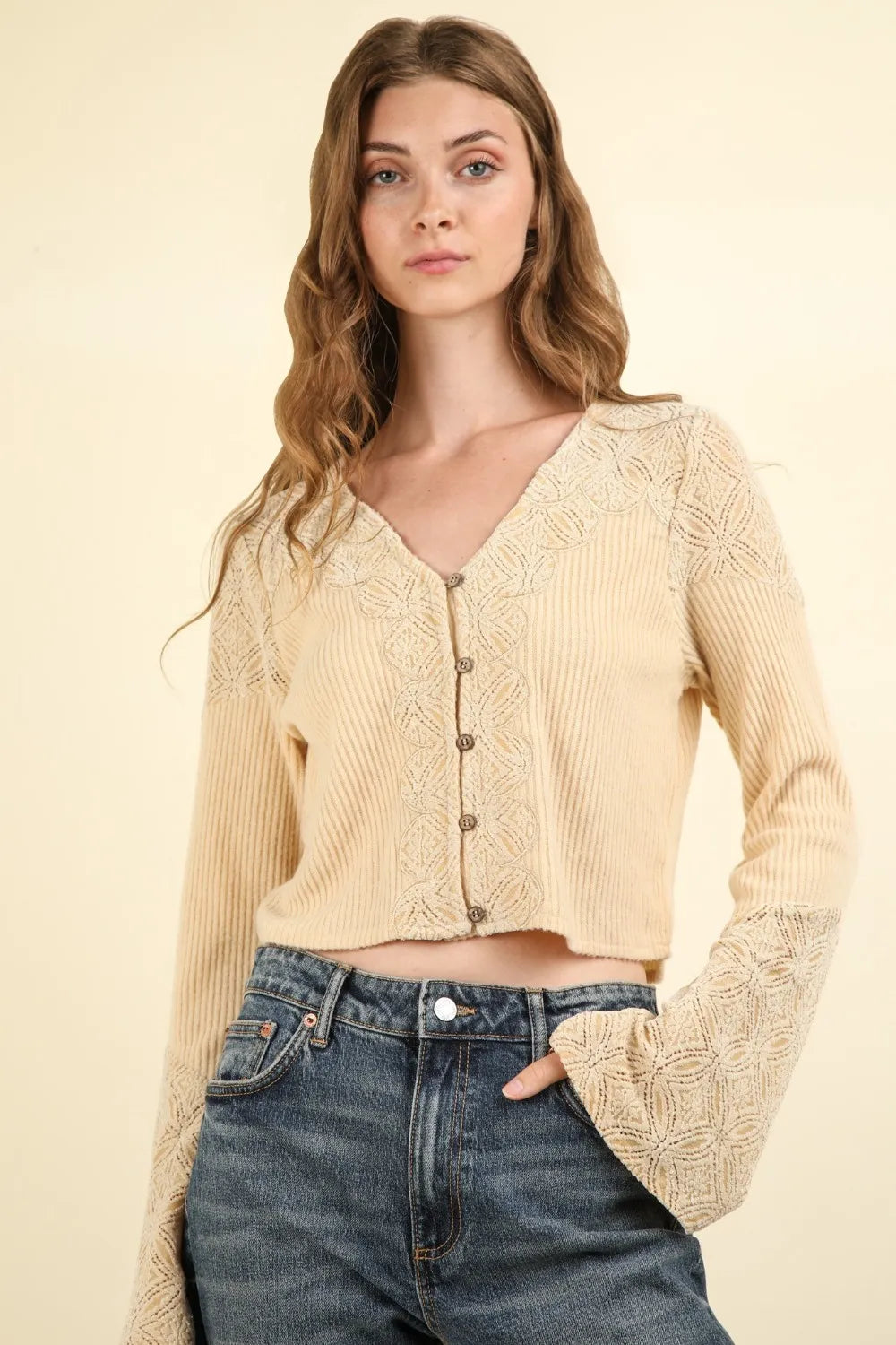 VERY J V-Neck Lace Detail Button Down Crop Ribbed Knit Top - Brittney MADE