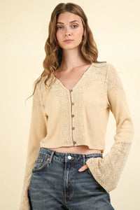 VERY J V-Neck Lace Detail Button Down Crop Ribbed Knit Top - Brittney MADE
