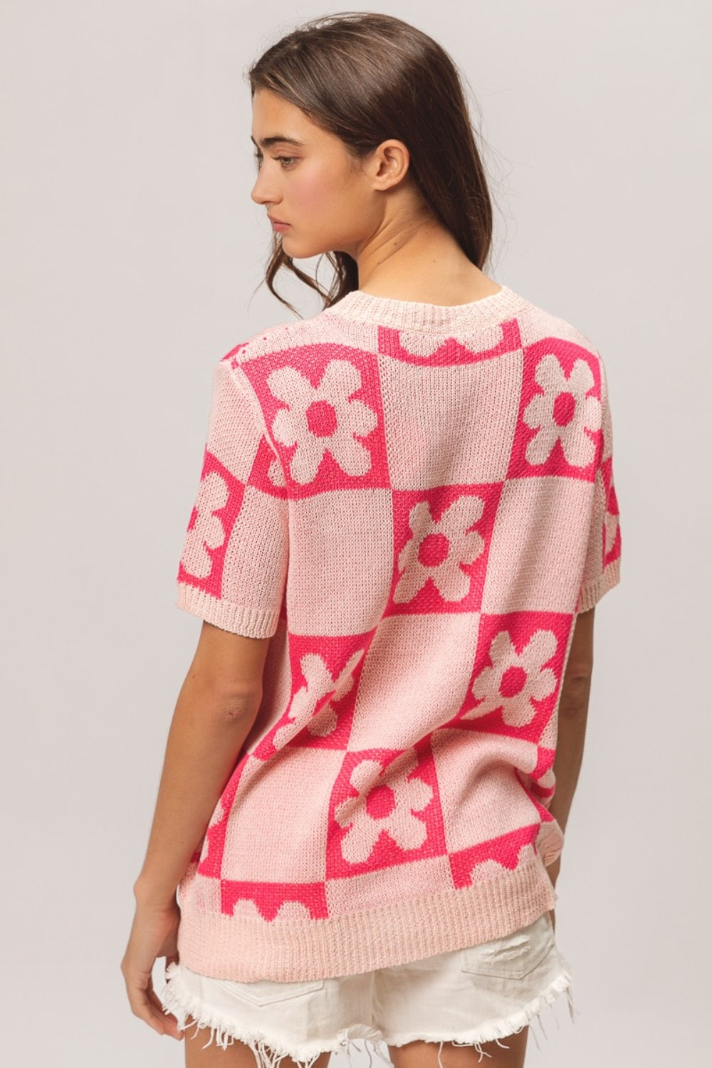 BiBi Flower Checker Pattern Short Sleeve Sweater - Brittney MADE