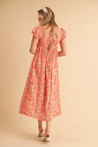 Aemi + Co Cutout Back Floral Square Neck Puff Sleeve Midi Dress - Brittney MADE