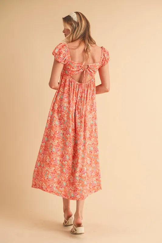 Aemi + Co Cutout Back Floral Square Neck Puff Sleeve Midi Dress - Brittney MADE