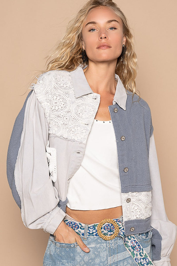 POL Crochet Patch Exposed Seam Button Up Jacket - Brittney MADE