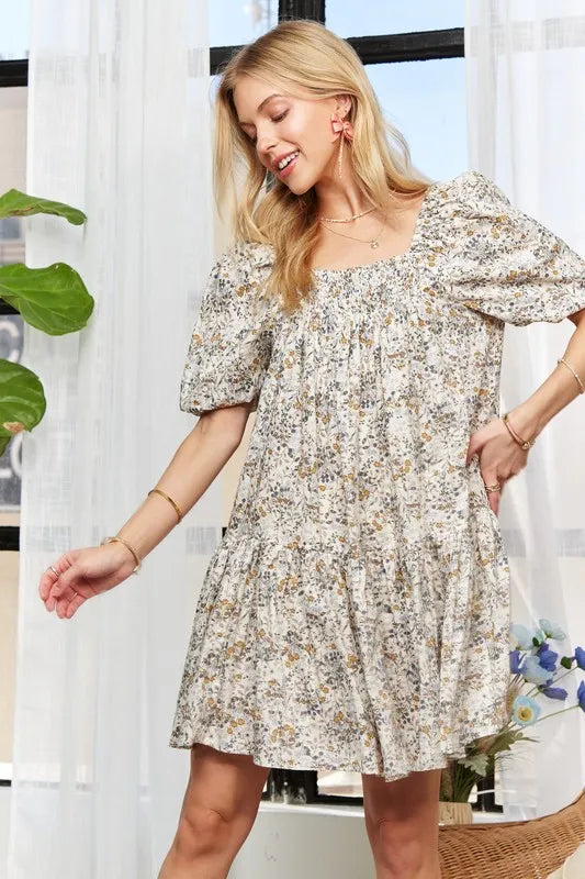 ADORA Floral Square Neck Puff Sleeve Dress - Brittney MADE