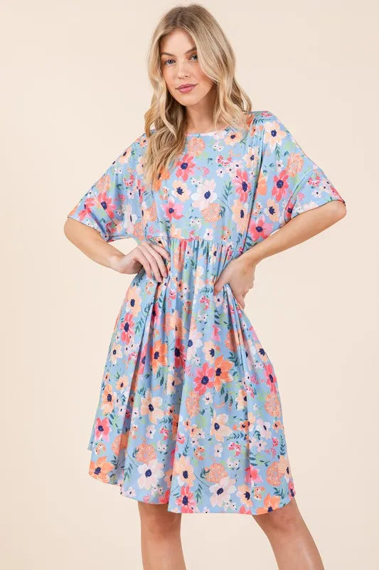 BOMBOM Floral Shirred Dress with Pockets - Brittney MADE