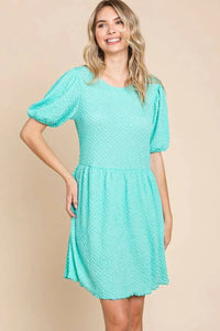 Culture Code Full Size Textured Round Neck Puff Sleeve Dress - Brittney MADE