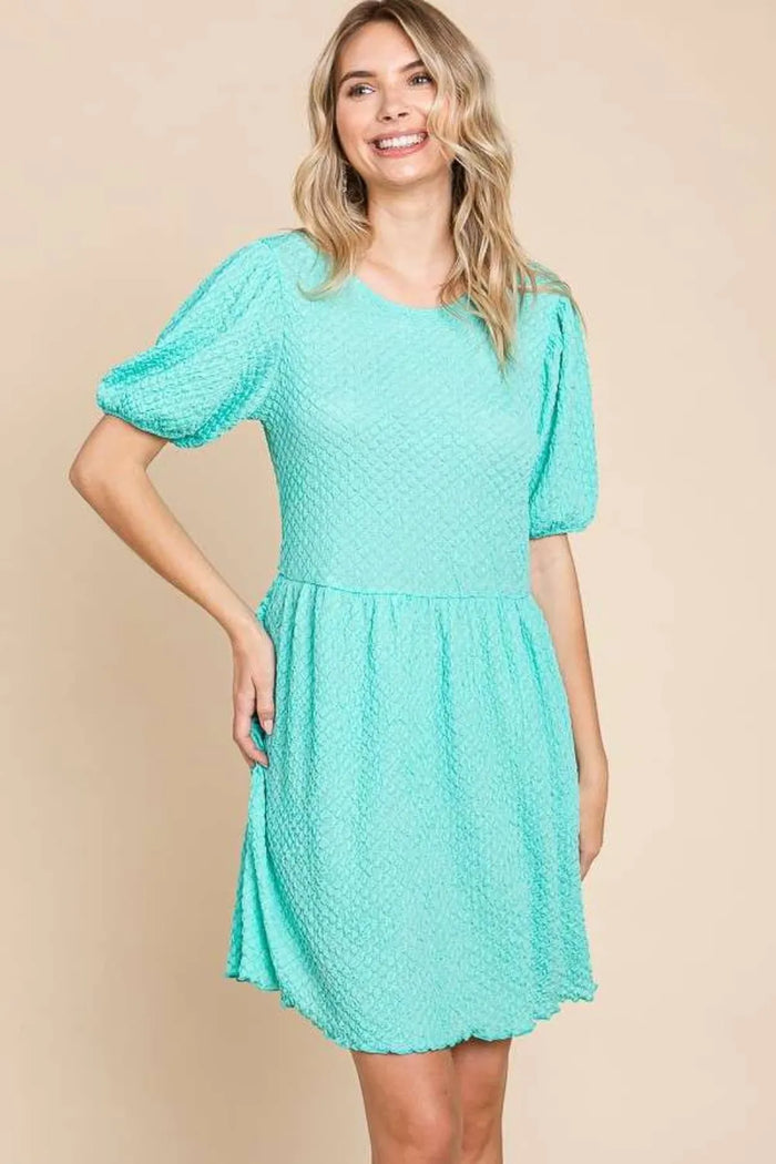 Culture Code Full Size Textured Round Neck Puff Sleeve Dress - Brittney MADE