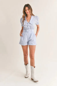 MABLE Striped Puff Sleeve Collared Neck Romper - Brittney MADE