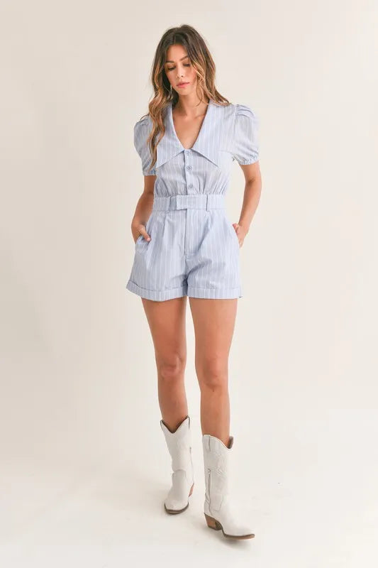 MABLE Striped Puff Sleeve Collared Neck Romper - Brittney MADE