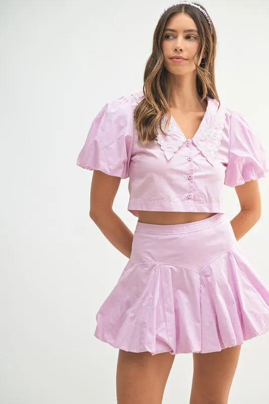 MABLE Puff Sleeve Button Down Top and Bubble Skirt Set - Brittney MADE