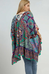 Umgee Full Size Mixed Print Ruffle Hem Open Front Cover Up Plus Size - Brittney MADE