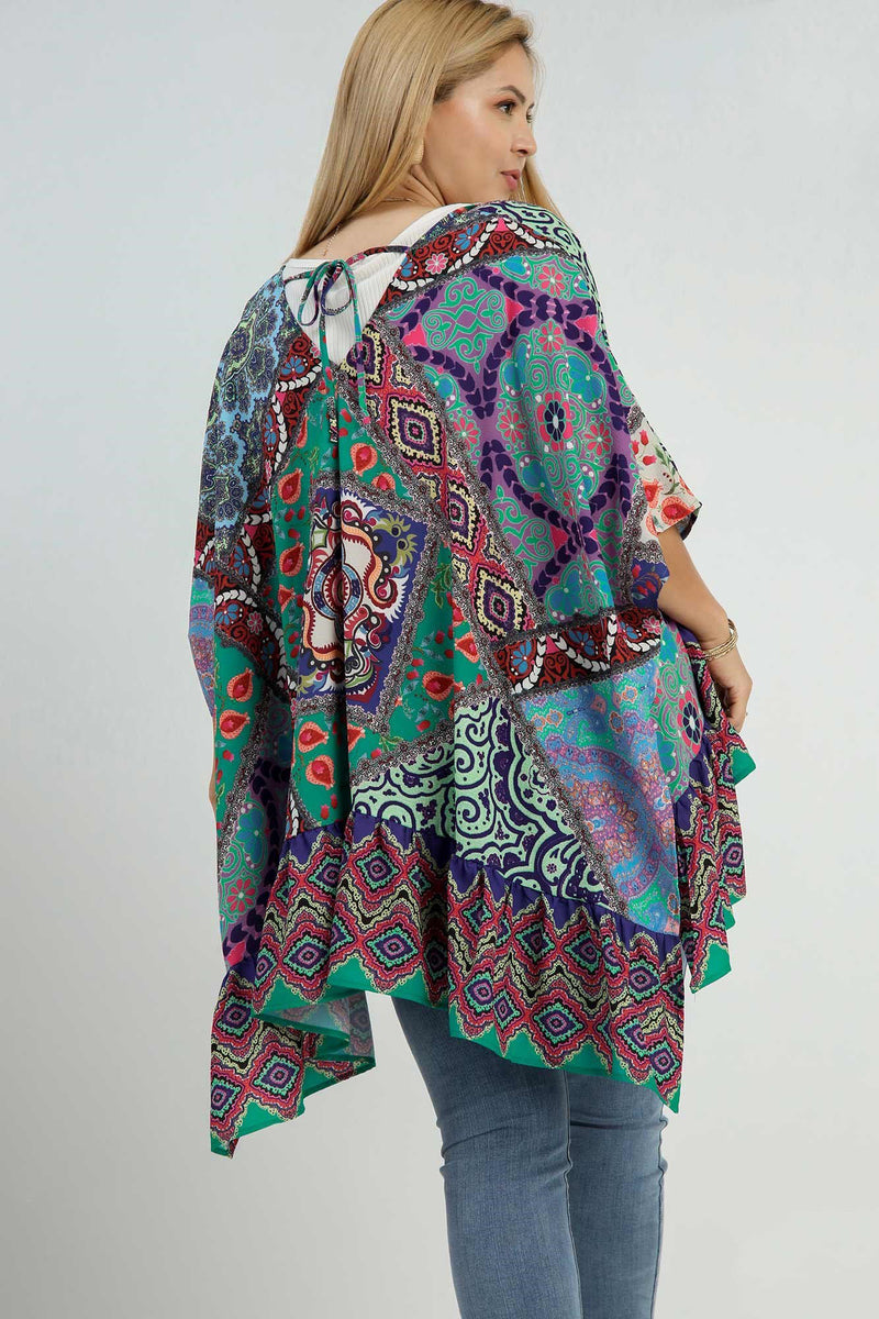 Umgee Full Size Mixed Print Ruffle Hem Open Front Cover Up Plus Size - Brittney MADE