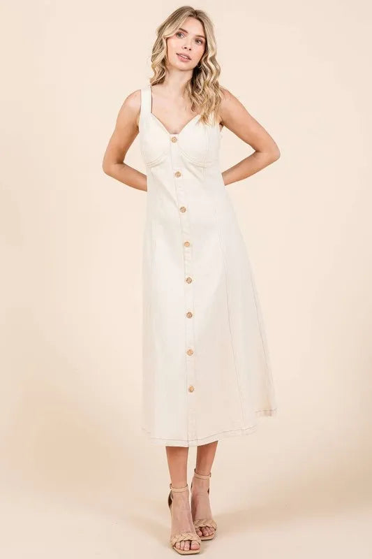 Mittoshop Stretch Twill Decor Button Sleeveless Midi Dress - Brittney MADE