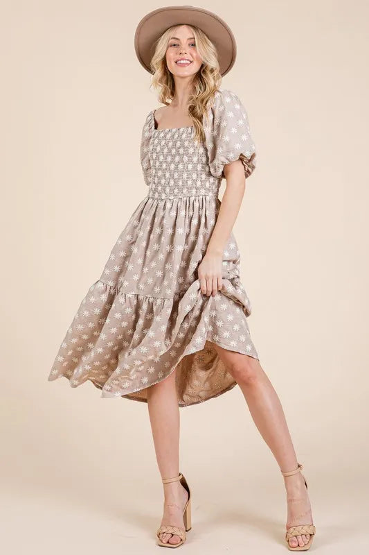 GeeGee Floral Embroidered Smocked Puff Sleeve Tiered Midi Dress - Brittney MADE
