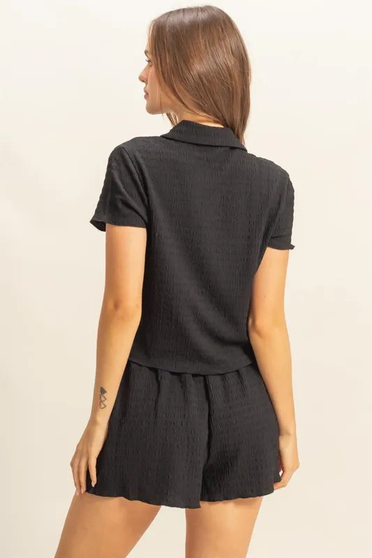 HYFVE Textured Short Sleeve Top and Drawstring Shorts Knit Set - Brittney MADE