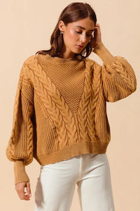 SO ME Mineral Washed Loose Fit Textured Cable Sweater - Brittney MADE