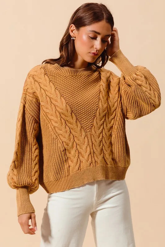 SO ME Mineral Washed Loose Fit Textured Cable Sweater - Brittney MADE