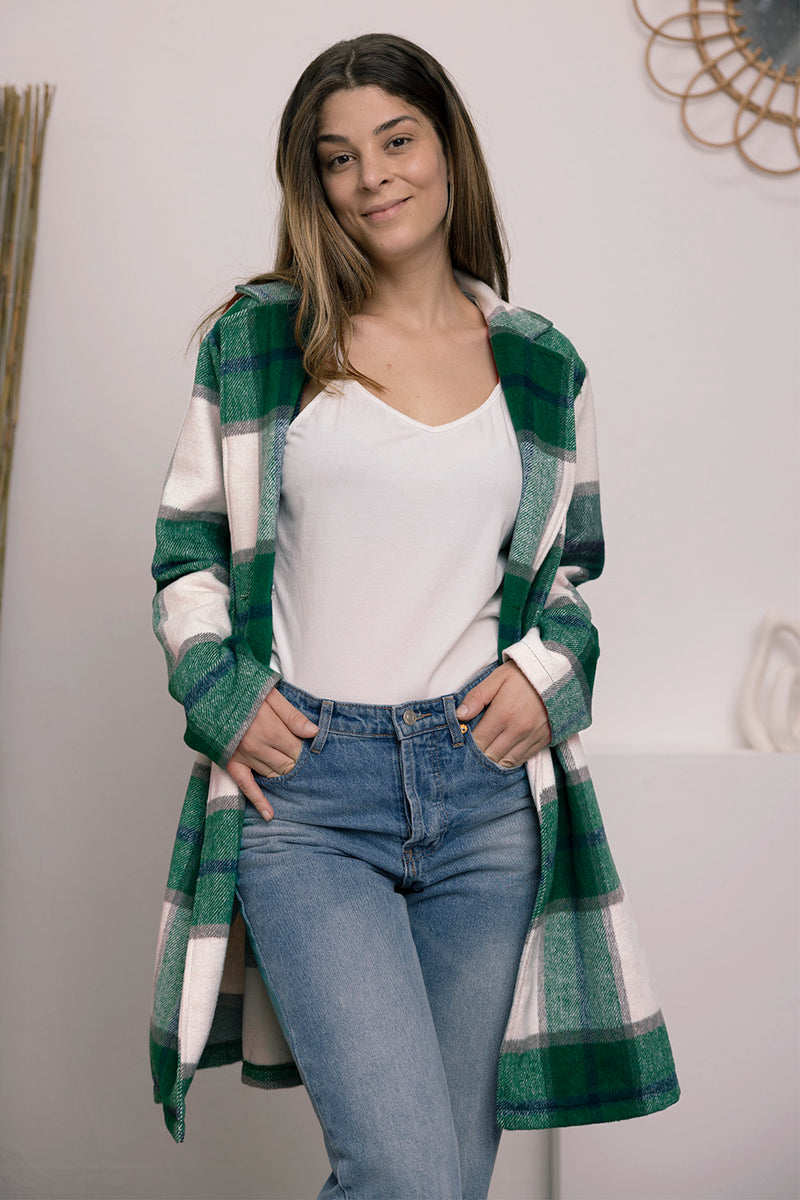 Double Take Full Size Plaid Button Up Lapel Collar Coat - Brittney MADE