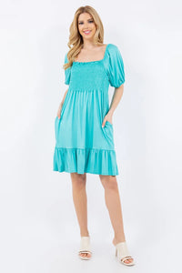 Celeste Full Size Smocked Square Neck Puff Sleeve Ruffle Hem Dress Plus Size - Brittney MADE