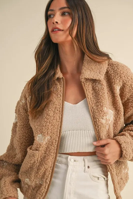 MABLE Floral Embroidered Fleece Teddy Jacket - Brittney MADE