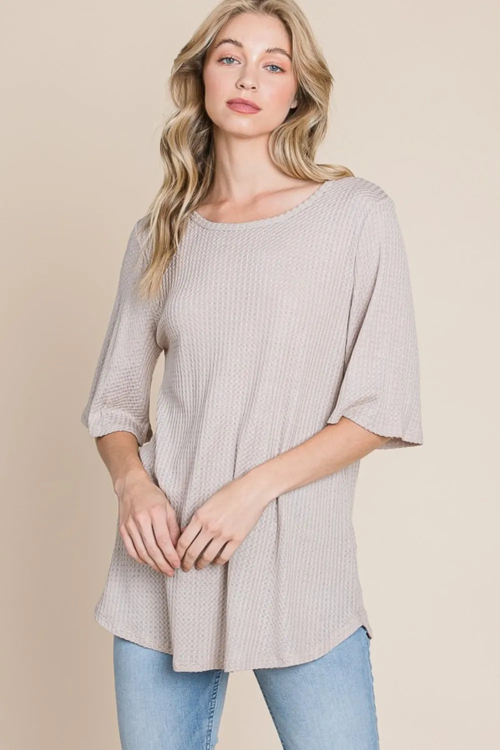 BOMBOM Round Neck Waffle Knit T-Shirt - Brittney MADE