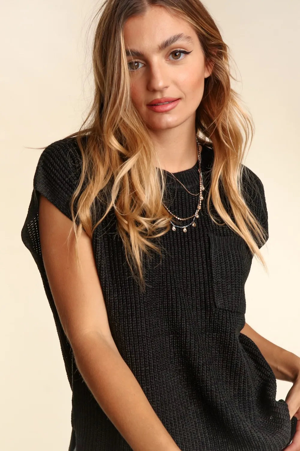 Haptics Pocketed Round Neck Cap Sleeve Knit Top - Brittney MADE