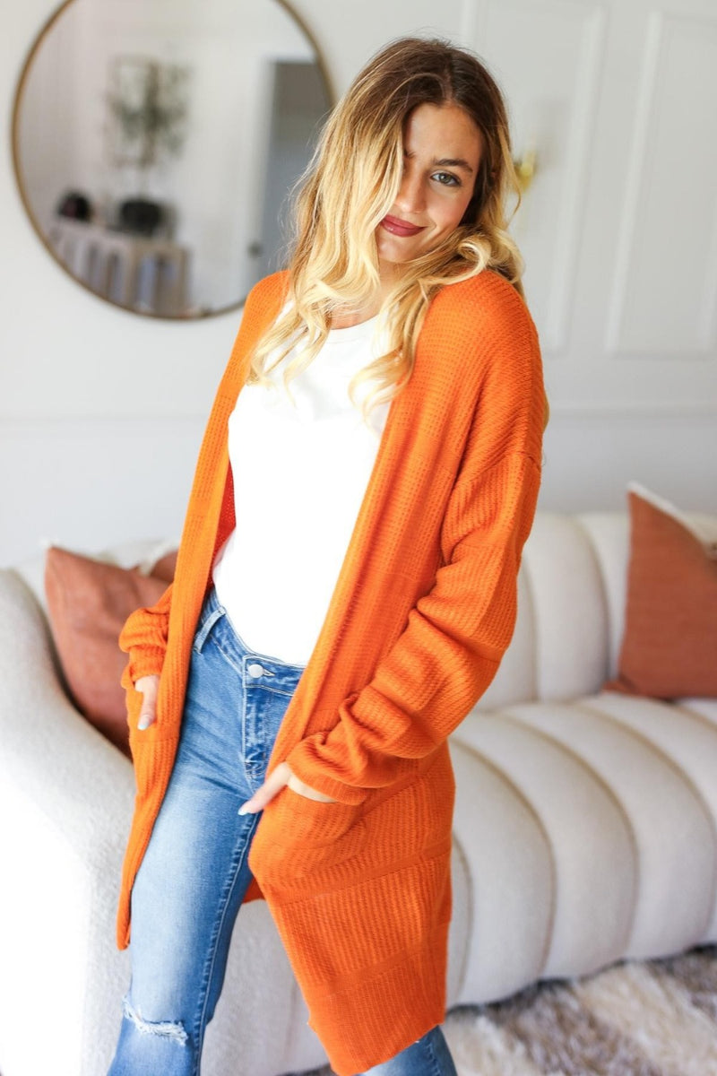 Haptics Full Size Stripe Textured Open Front Cardigan with Pockets - Brittney MADE