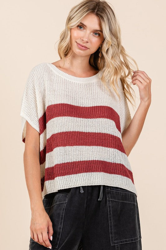 Mittoshop Contrast Striped Round Neck Short Sleeve Sweater - Brittney MADE